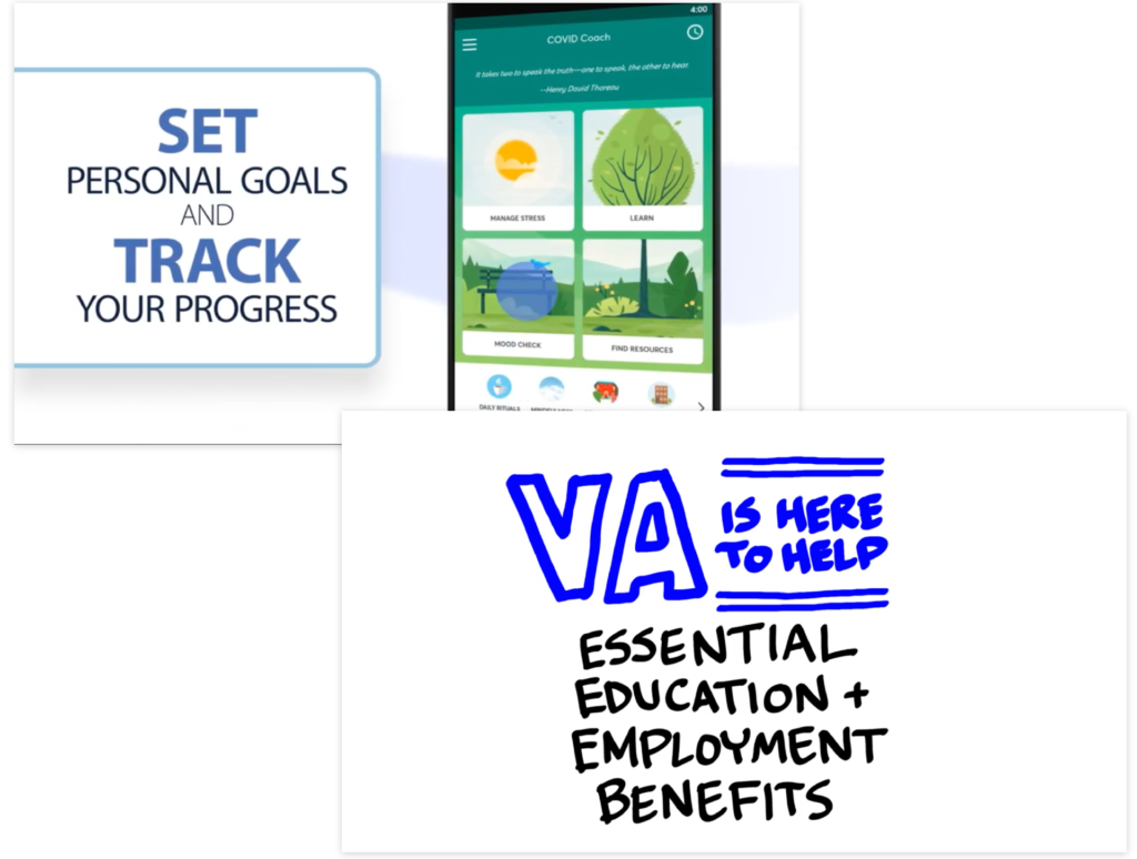 Screen shots of two videos, one with the text, 'Set Personal Goals and Track Your Progress,' and the other, 'VA is here to help: Essential Education + Employment Benefits'.