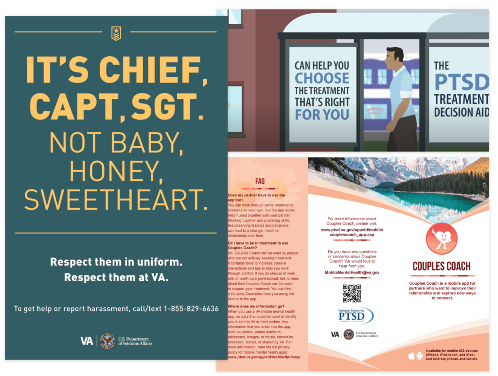 A poster with the words, 'It's Chief, Capt, Sgt. Not Baby, Honey, Sweetheart.'; a video screen shot of an illustrated man walking in front of a bus stop; and a brochure for 'Couples Coach'.