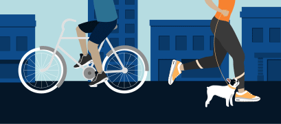 Illustration of a person on a bike and a person jogging with a puppy.